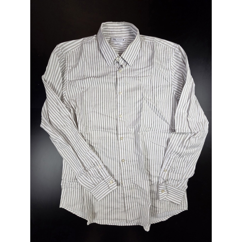ZARA White Beige Striped Long Sleeve Slim Fit Shirt Men's Size XL